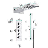 Chrome shower system with rainfall shower head, control panel, and handheld shower on a white background.