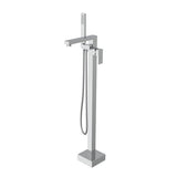 Chrome freestanding bathtub faucet with handheld shower on a white background