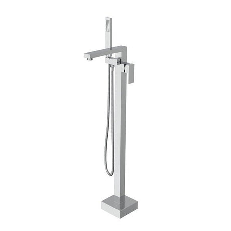 Chrome freestanding bathtub faucet with handheld shower on a white background