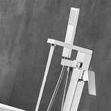 Chrome shower set with handheld shower head and control handle on a gray tiled wall background