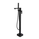 Black freestanding bathtub faucet with handheld shower on a white background