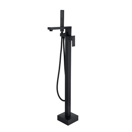 Black freestanding bathtub faucet with handheld shower on a white background