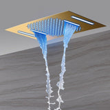 Recessed shower head with LED lighting, Bluetooth speakers, and dual water modes.