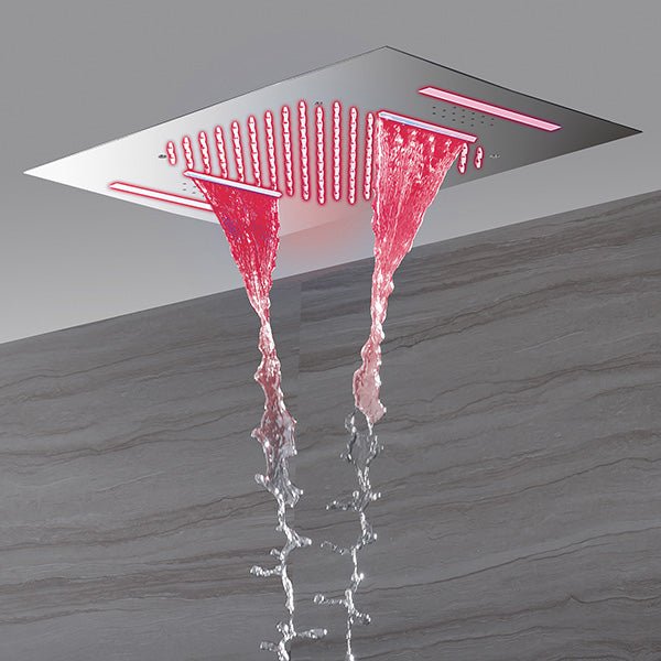 Cascada 15x23 ceiling LED shower with Bluetooth and rainfall/waterfall modes.