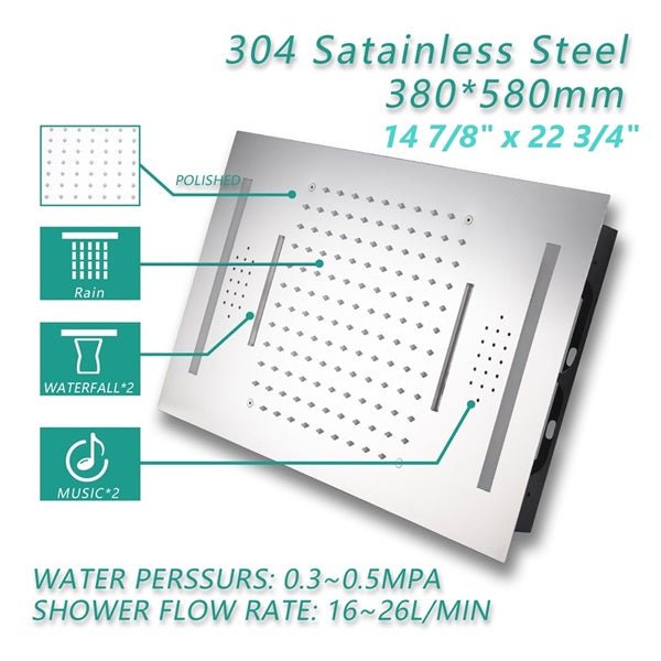 Elegant 15x23 LED shower with Bluetooth, waterfall effect, and remote-controlled lighting features.