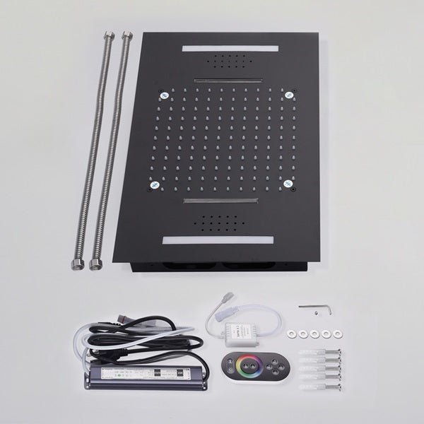 Stylish matte black LED shower with rainfall/waterfall options and Bluetooth music functionality.