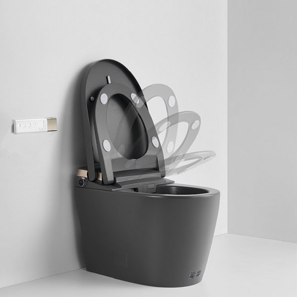 Milano smart toilet side view with auto-open lid revealing ceramic bowl interior and radar sensor mechanism
