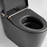 Smart toilet top view with open lid showing elongated bowl self-cleaning nozzle and interior design
