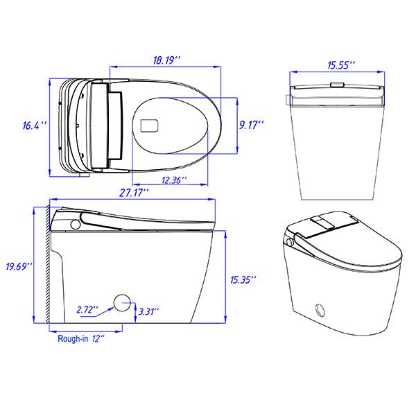 Milano smart toilet technical dimensions 27.17 inches length 15.55 inches width 19.69 inches height specifications