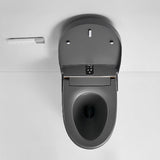 Matte gray smart toilet rear view showing power connection water inlet and jet siphon flushing system outlet