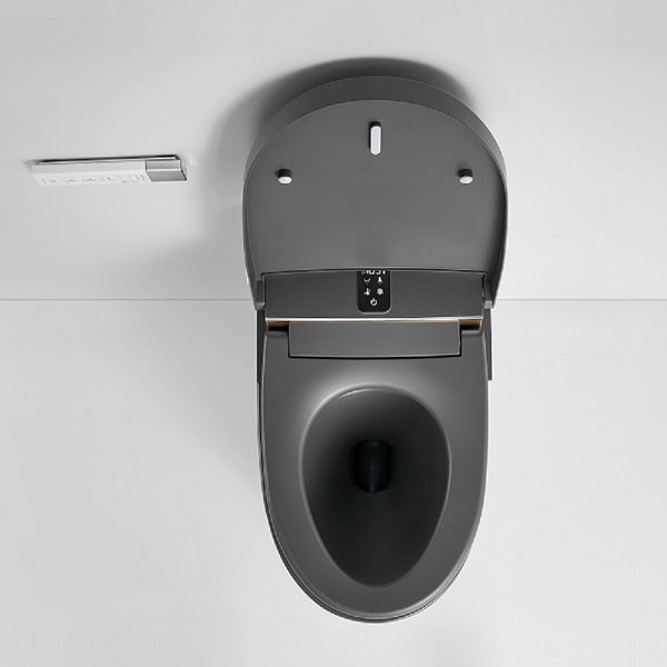 Matte gray smart toilet rear view showing power connection water inlet and jet siphon flushing system outlet