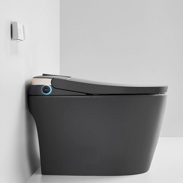 Matte gray one-piece smart toilet front angle showing elongated bowl and contemporary minimalist profile