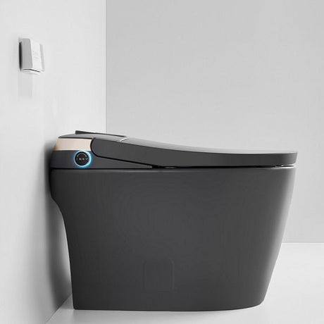 Matte gray one-piece smart toilet front angle showing elongated bowl and contemporary minimalist profile