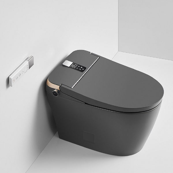 Matte gray smart toilet rear view showing power connection water inlet and jet siphon flushing system outlet