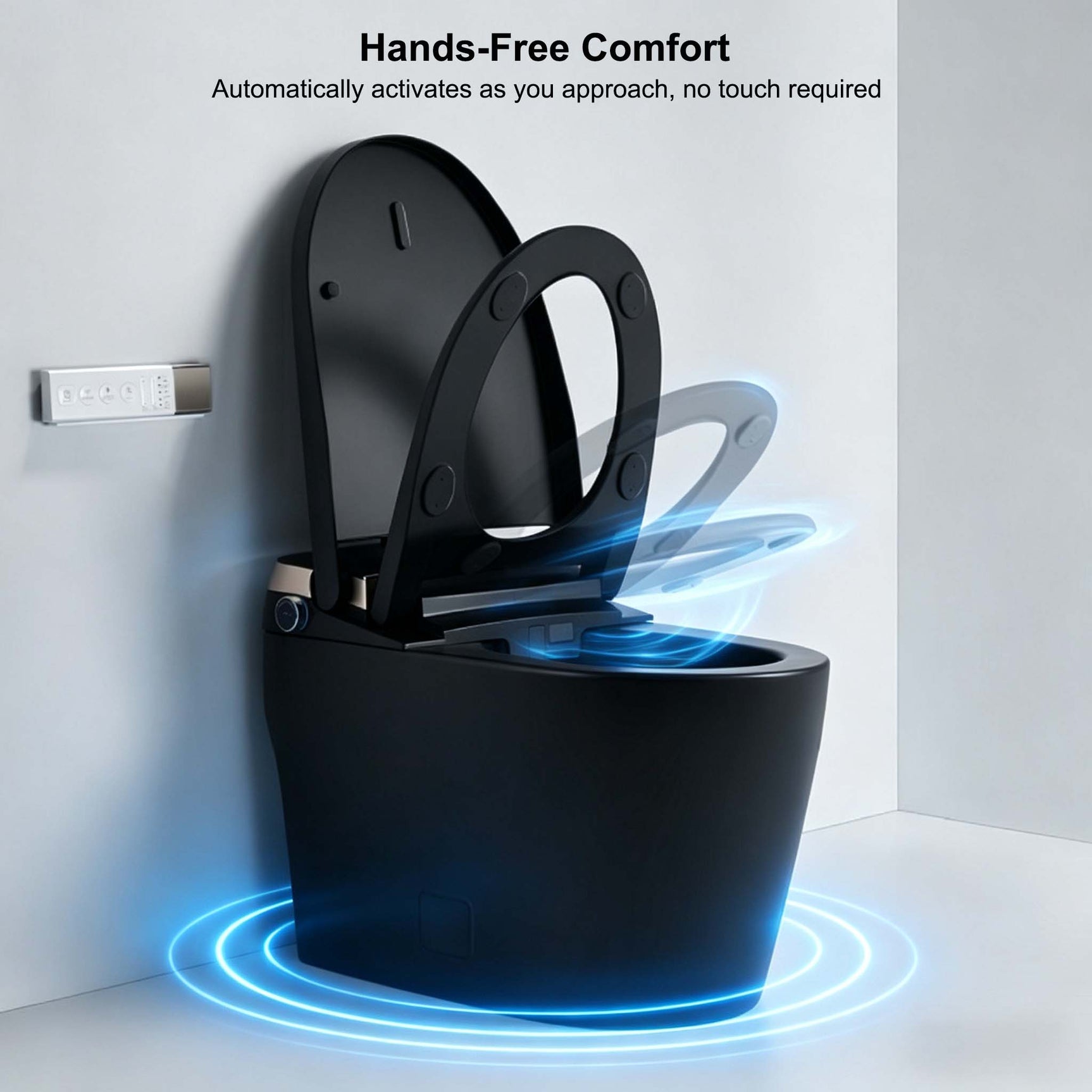Cascada Milano matte black smart toilet with auto-open lid and heated bidet seat in modern bathroom