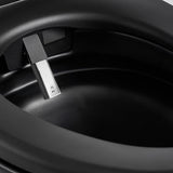 Close-up of a black Modern smart toilet seat with a metal hinge.