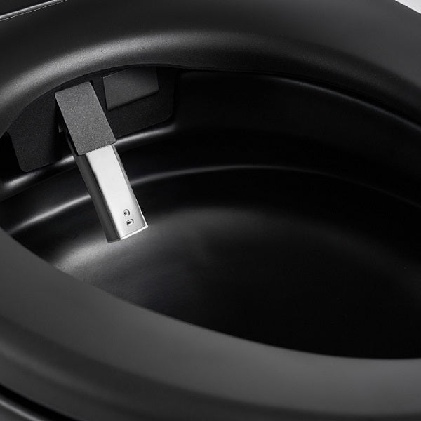 Close-up of a black Modern smart toilet seat with a metal hinge.