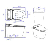 Cascada Milano smart toilet dimensions chart showing 27-inch length 15-inch width for 12-inch rough-in