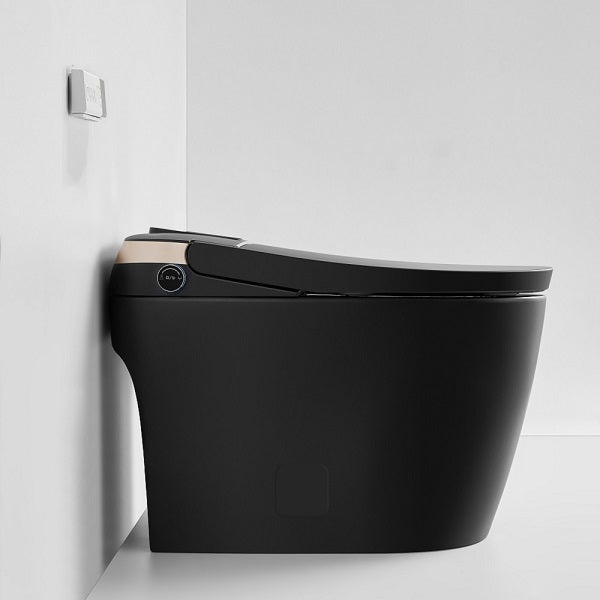 One-piece smart toilet with elongated ceramic bowl and matte black finish close-up