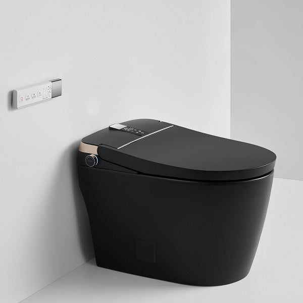 Smart toilet side view showing illuminated temperature display and Magic Knob control panel