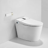 Modern white smart toilet installed in contemporary bathroom with heated seat and auto flush