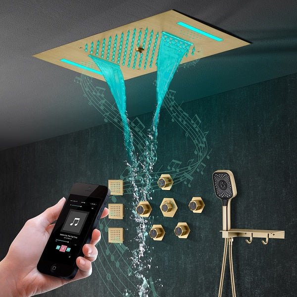 Cascada Positano 15"x23" Brushed Gold Music LED Shower System - Cascada Showers