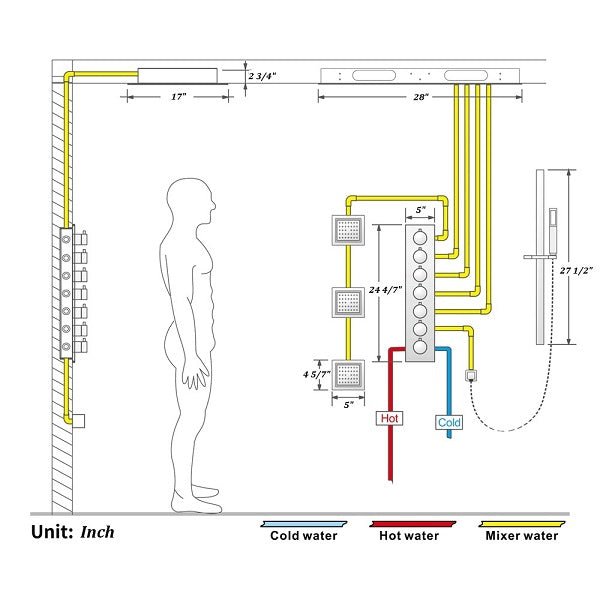 Cascada Rainbow 16"x28" Brushed Gold LED Bluetooth Shower System - Cascada Showers