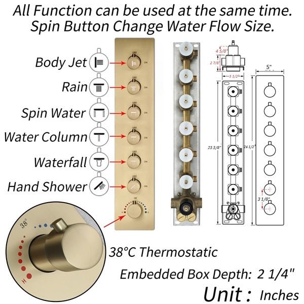 Cascada Rainbow 16"x28" Brushed Gold LED Bluetooth Shower System - Cascada Showers