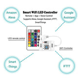Smart WiFi LED controller with remote, highlighting compatibility with Alexa, Google Assistant, IFTTT, and SmartThings.