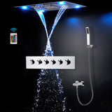 Ceiling shower panel with blue LED lights and waterfall stream, accompanied by handheld shower and control knobs.