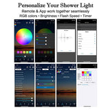 Smartphone app interface showing controls for RGB shower lighting, brightness, flash speed, and scheduling.