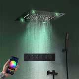 Ceiling-mounted black rainfall shower head with green LED lights and cascading water, shown with a smartphone controlling color settings