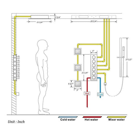 Cascada Riviera 12"x36" Brushed Gold LED Bluetooth Shower System - Cascada Showers