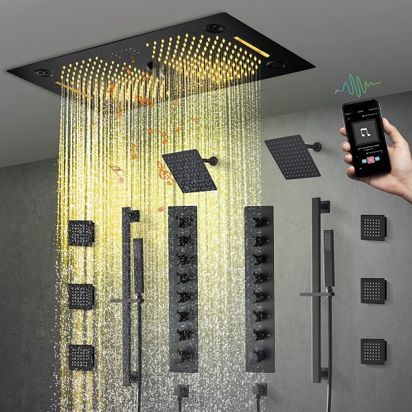 Cascada Sicilian 16x28 Waterfall Shower System displaying LED lights and music controls