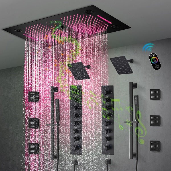 Waterfall and rain showerheads in action on Cascada Sicilian 16x28 Music LED Shower System