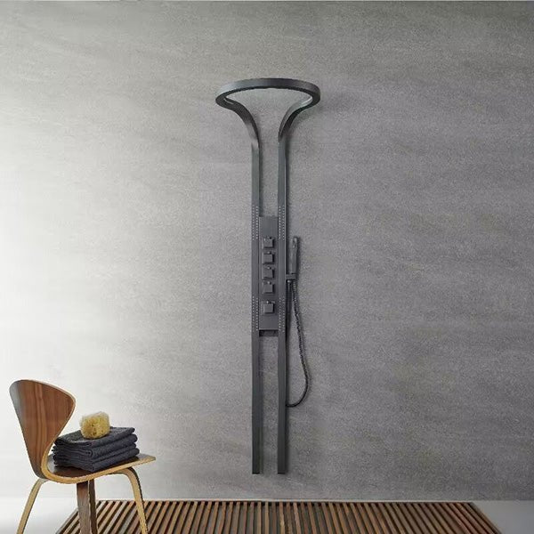 Handheld shower attachment on gun metal finish panel