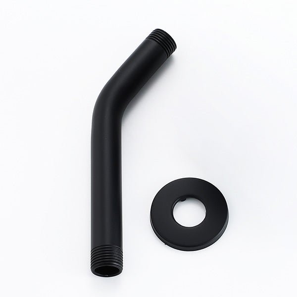 Black Cascada 7 inch curved wall shower arm and washer on a white background