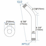 Technical dimension diagram of a Cascada 7 inch curved wall shower arm, including G1/2, 2 7/8" (75mm), 6 7/8" (175mm), 4 1/4" (110mm), 3/4" (20mm), and NPT1/2