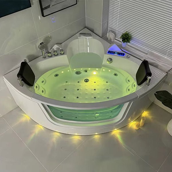 Luxury corner bathtub with air pump, bubble massage, and Bluetooth audio for ultimate relaxation