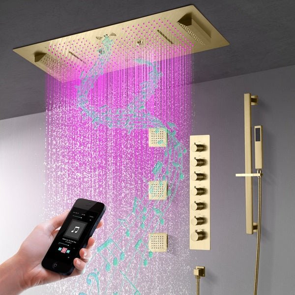 Cascada Verona 16"x36" Brushed Gold Music LED Shower System - Cascada Showers