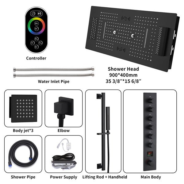 Cascada Verona 16"x36" Matte Black Music LED Digital Shower System - Cascada Showers