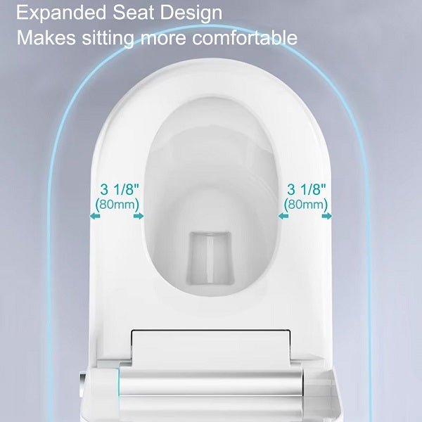 Toilet seat with expanded design labeled on a gray background