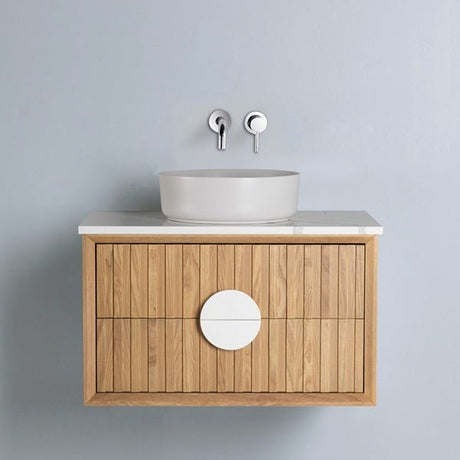 Cascada Wall Mount Floating Bathroom Vanity Oak with Marble Top Ceramic Vessel Sink