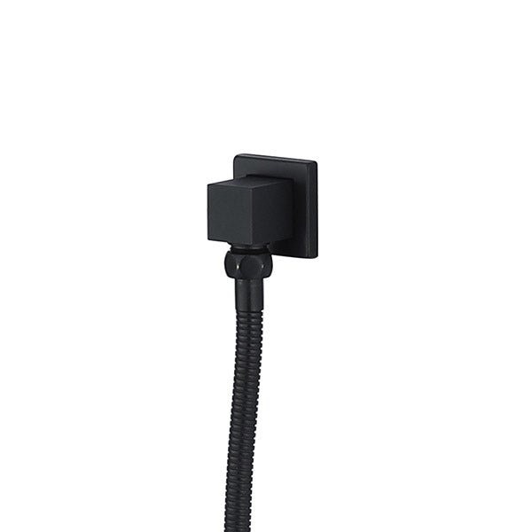 Black shower head with flexible hose of Cascada square brass shower elbow wall mounted