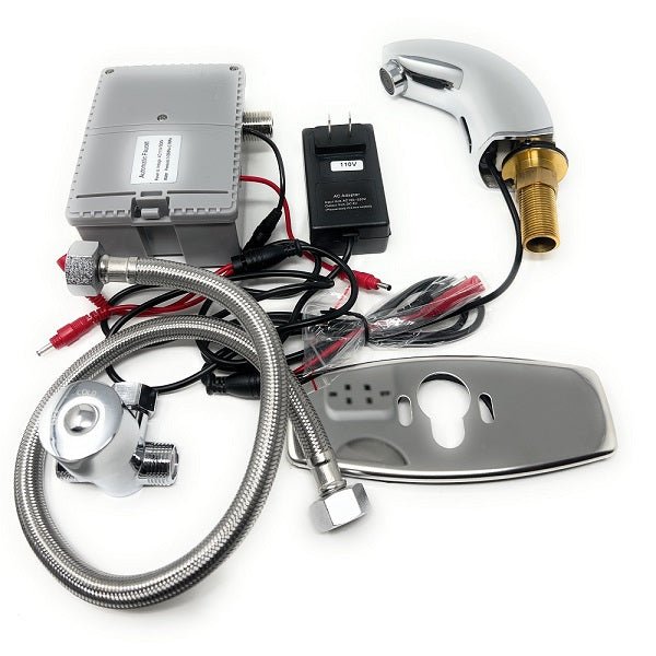 Bathroom faucet assembly with control panel, wiring, and mounting plate