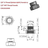 Technical drawing of a 3/4" G Thread (British BSPP) Female to 1/2" NPT Thread Female component with dimensions and specifications.