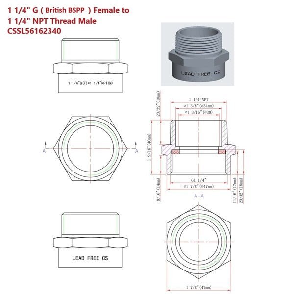 Technical drawing and dimensions of a plumbing fitting with text and product code.