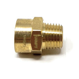 Brass plumbing fitting with branding on a white background