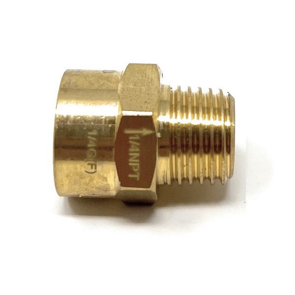 Brass plumbing fitting with branding on a white background
