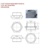 Technical drawing and diagram of a plumbing fitting with dimensions and specifications.